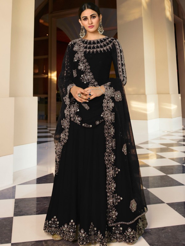 Black Super Silk Cording Embroidered Designer Salwar Kameez